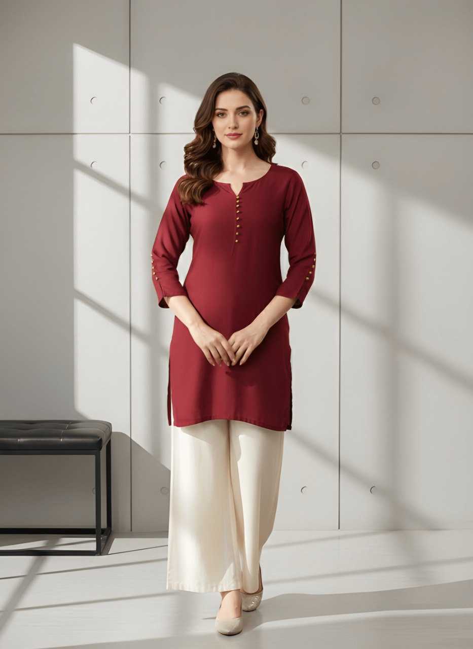 Heavy Roman Silk Kurti - 3/4 Sleeve Kurtis