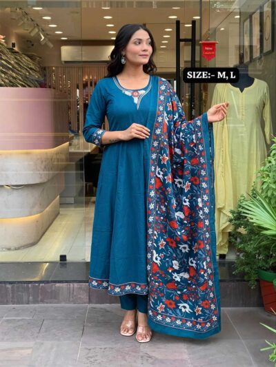 Arpita premium cotton embroidered Anarkali kurti set