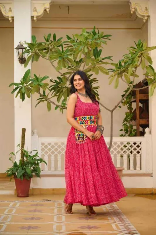 Bandhani Mirror Work Georgette Gown 1 Bandhani Mirror Work Georgette Gown