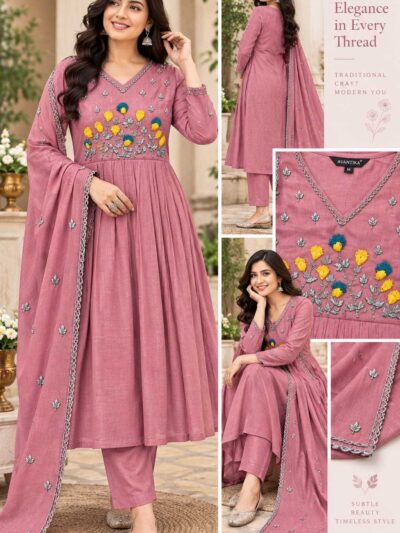 Pravio Eshara Chanderi hand-embroidered kurti palazzo set pink