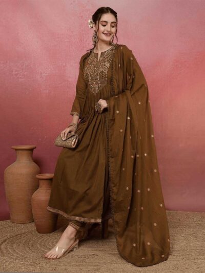 Pravio Meher Viscose Chanderi embroidered Anarkali kurti set