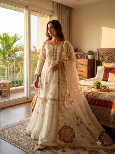Rinara Faux Georgette embroidered kurti palazzo set with foil print dupatta