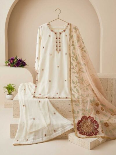 Rinara Faux Georgette embroidered kurti palazzo set with foil print dupatta